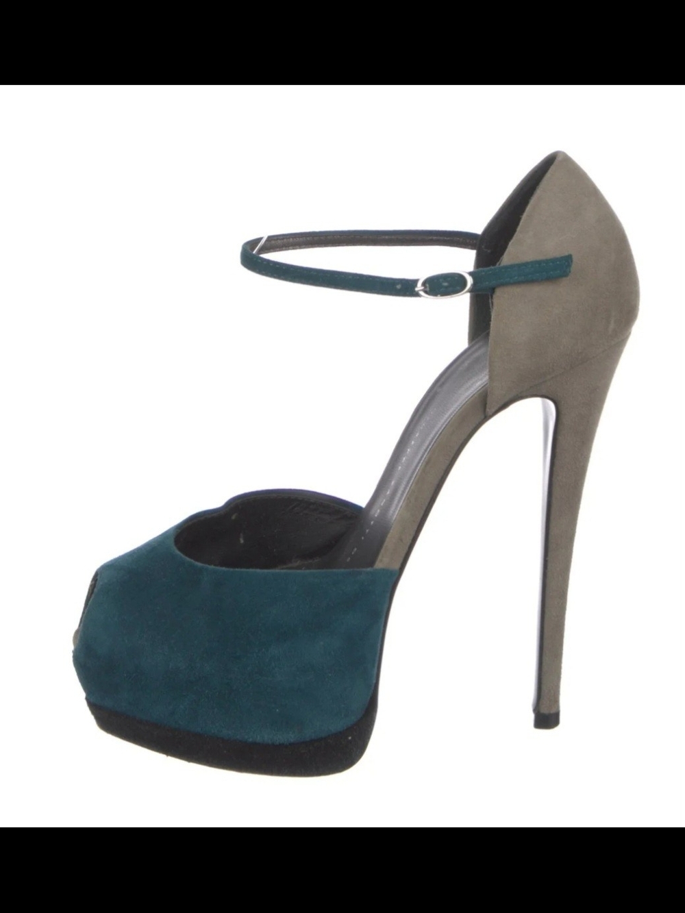Giuseppe Zanotti Teal and Taupe Suede Peep-Toe Platform Ankle-Strap Pump